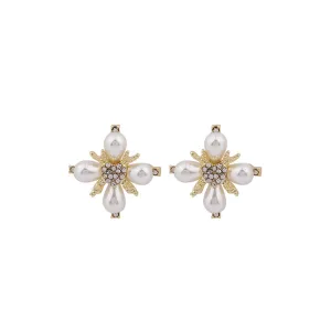 Pearl & Cubic Zirconia 18K Gold-Plated Flower Stud Earrings