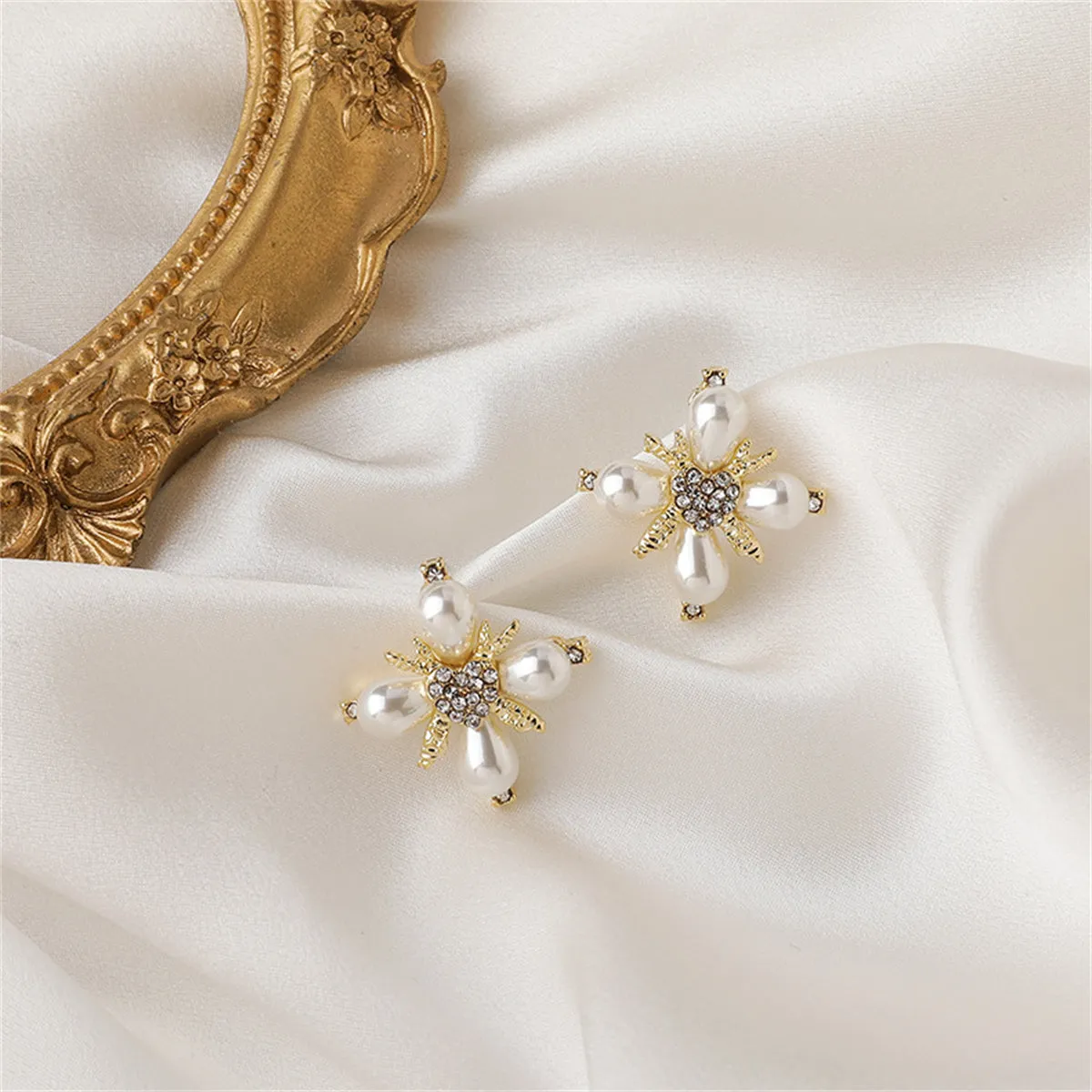 Pearl & Cubic Zirconia 18K Gold-Plated Flower Stud Earrings
