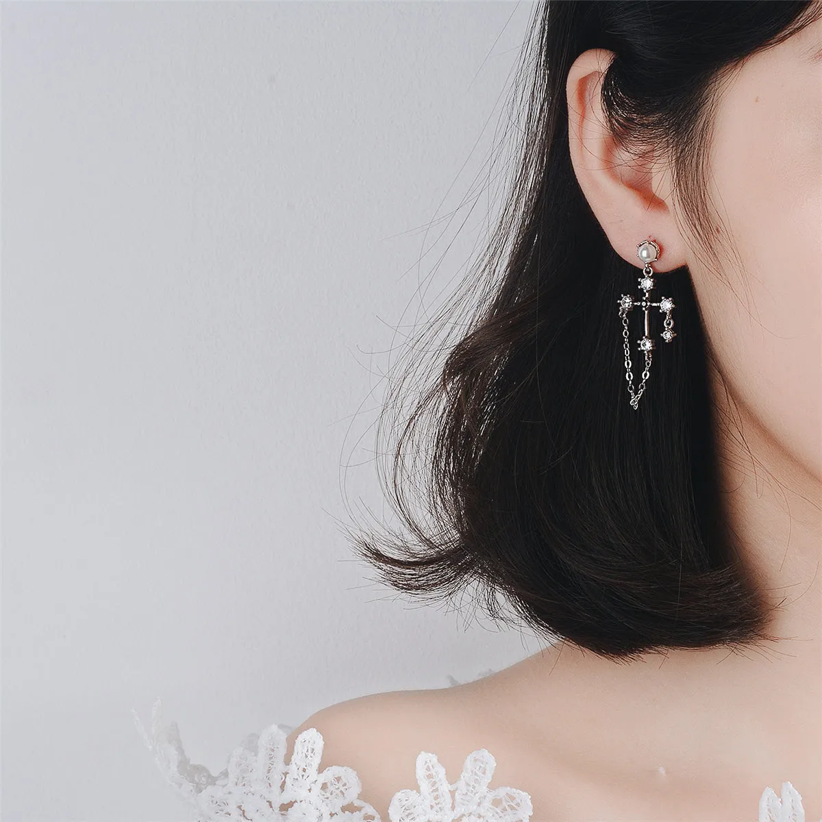 Pearl & Cubic Zirconia Silver-Plated Cross Chain Drop Earrings
