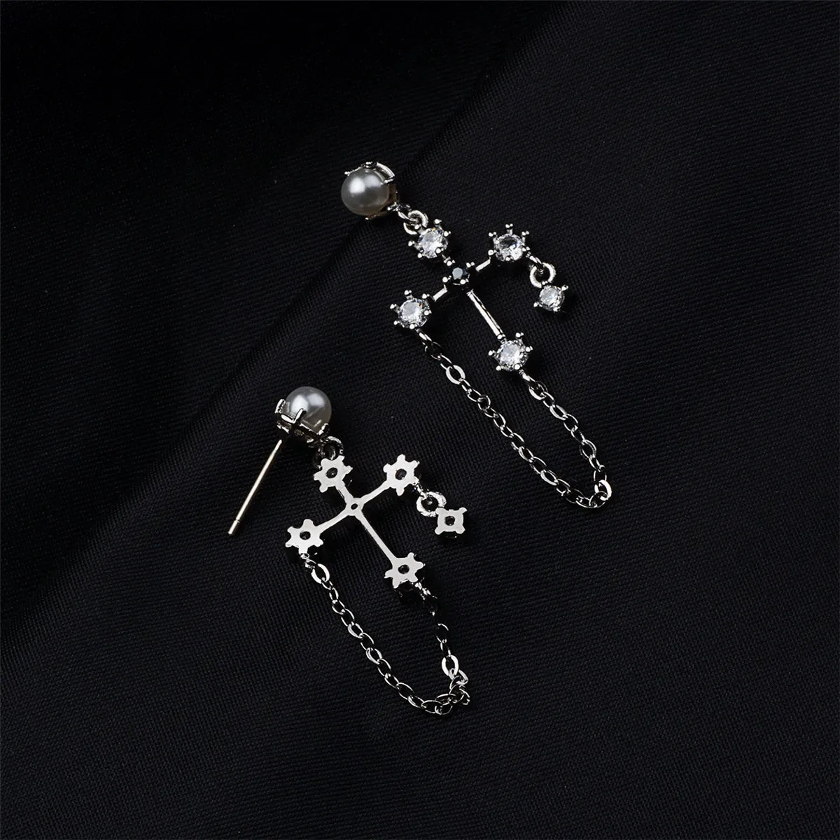 Pearl & Cubic Zirconia Silver-Plated Cross Chain Drop Earrings