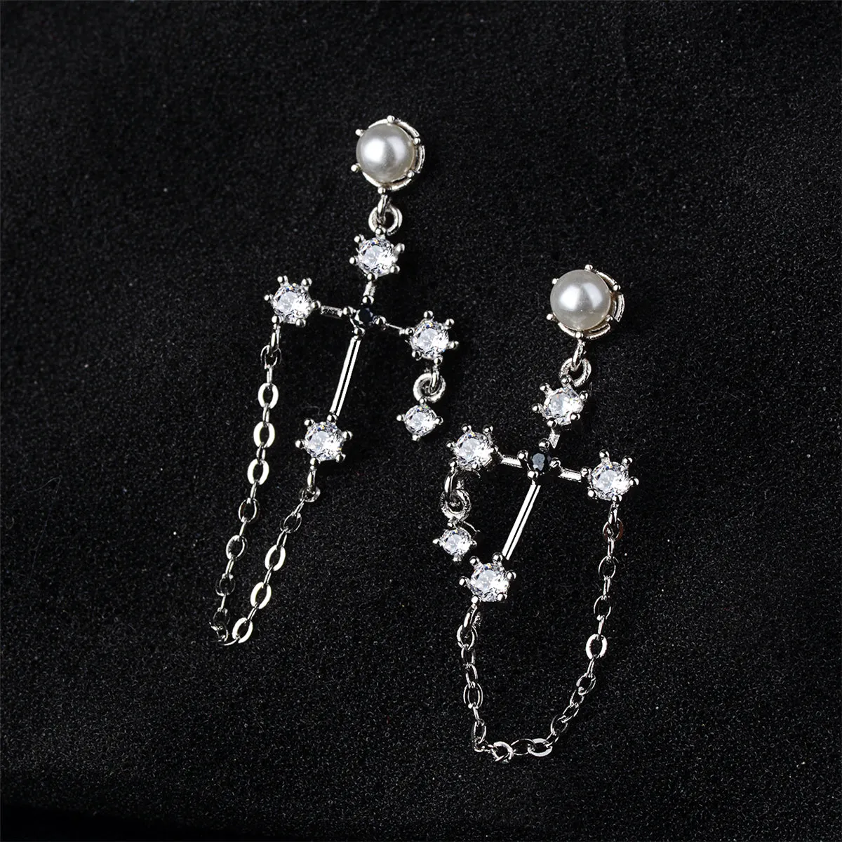 Pearl & Cubic Zirconia Silver-Plated Cross Chain Drop Earrings