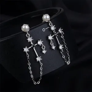 Pearl & Cubic Zirconia Silver-Plated Cross Chain Drop Earrings