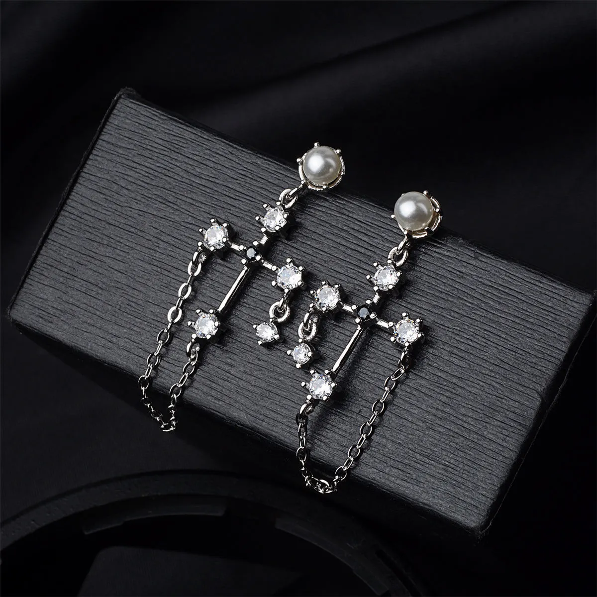 Pearl & Cubic Zirconia Silver-Plated Cross Chain Drop Earrings