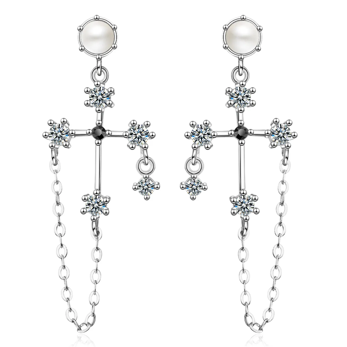 Pearl & Cubic Zirconia Silver-Plated Cross Chain Drop Earrings