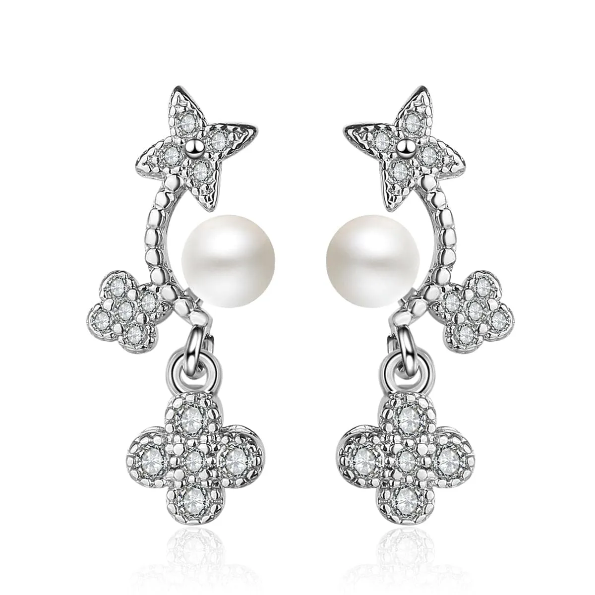Pearl & Cubic Zirconia Silver-Plated Floral Bezel-Set Drop Earrings