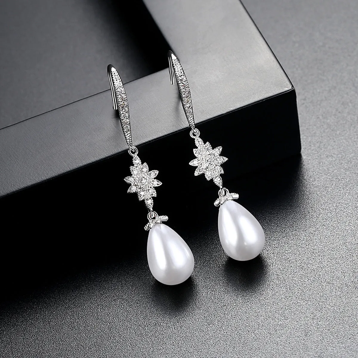 Pearl & Cubic Zirconia Silver-Plated Flower Drop Earrings
