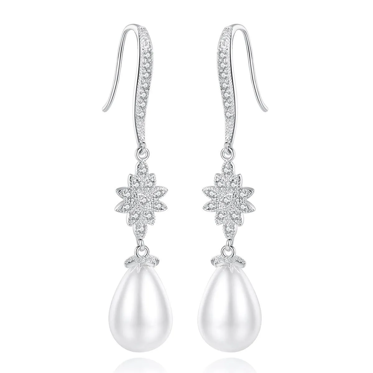 Pearl & Cubic Zirconia Silver-Plated Flower Drop Earrings