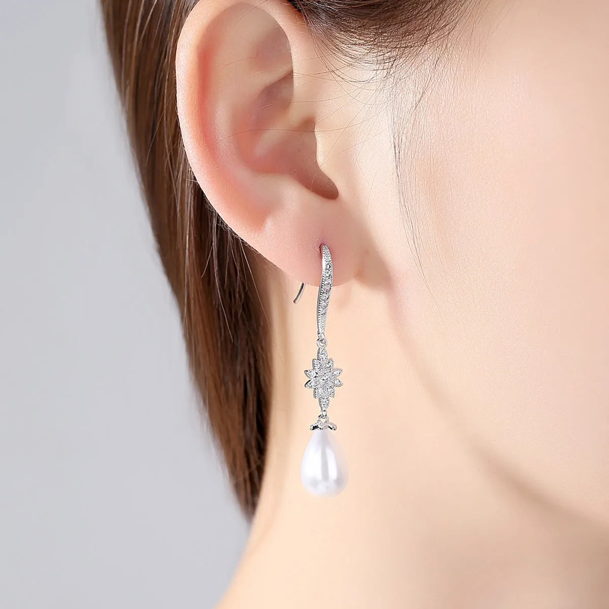 Pearl & Cubic Zirconia Silver-Plated Flower Drop Earrings