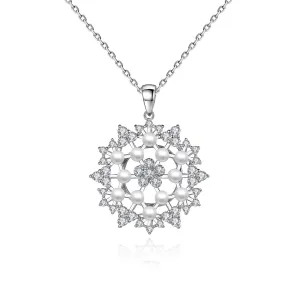 Pearl & Cubic Zirconia Silver-Plated Flower Pendant Necklace