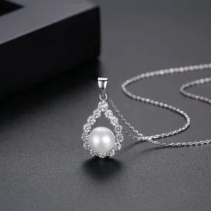 Pearl & Cubic Zirconia Silver-Plated Teardrop Pendant Necklace