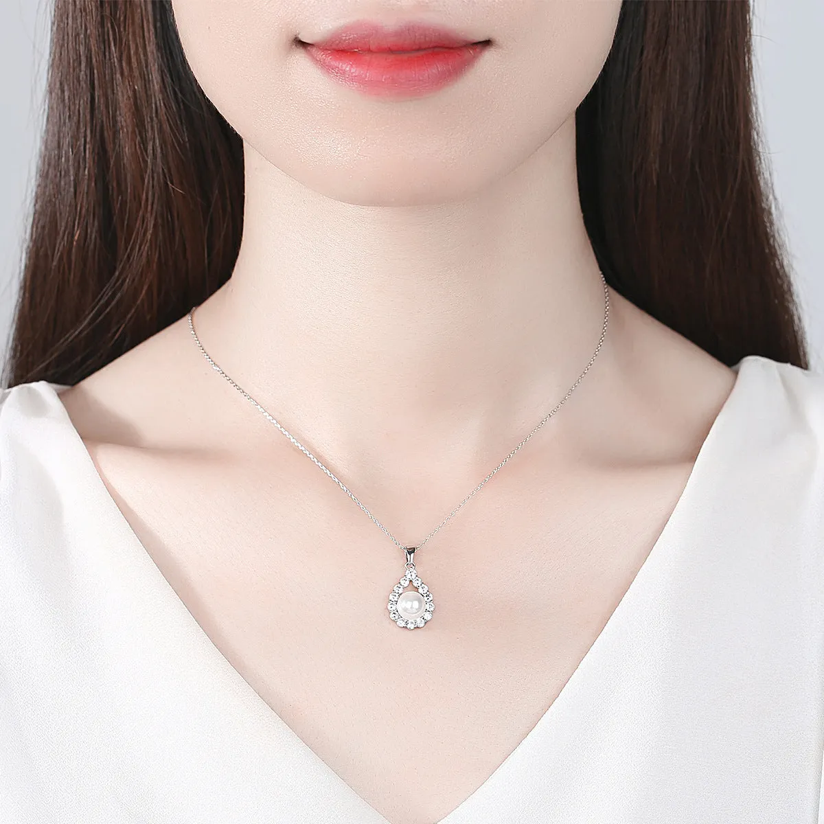 Pearl & Cubic Zirconia Silver-Plated Teardrop Pendant Necklace