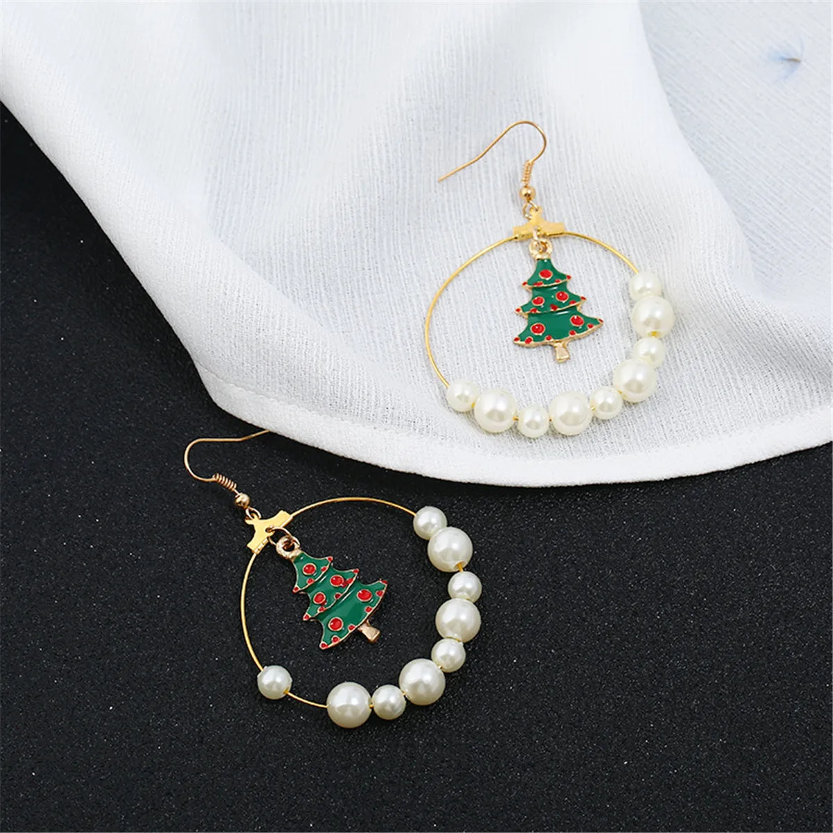 Pearl & Enamel 18K Gold-Plated Christmas Tree Drop Earrings