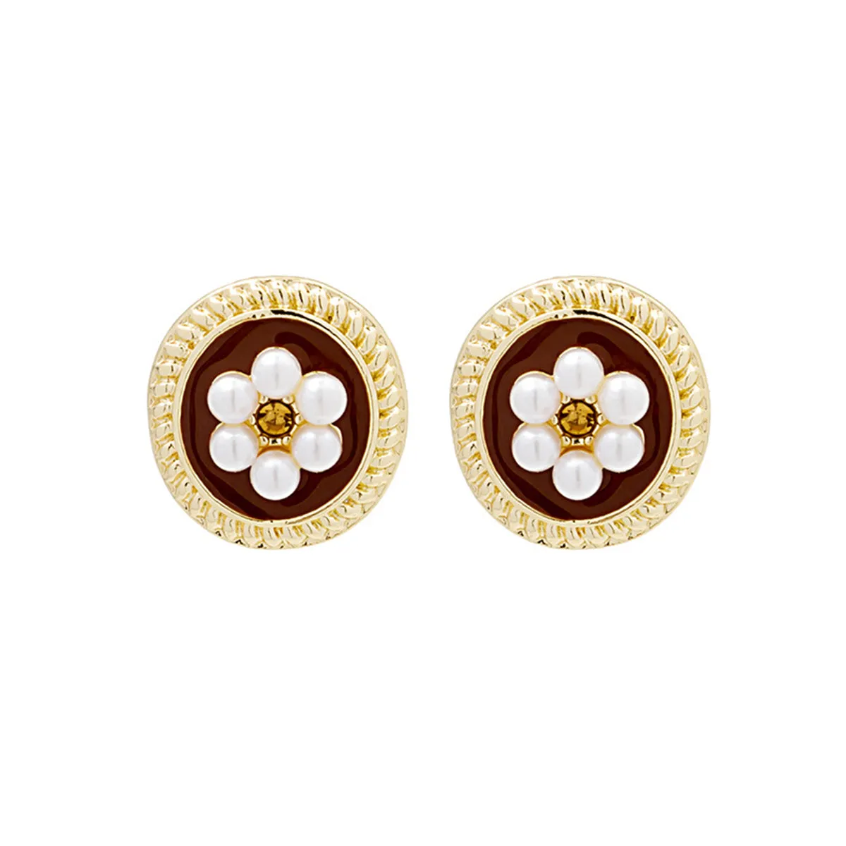 Pearl & Enamel 18K Gold-Plated Flower Round Stud Earring
