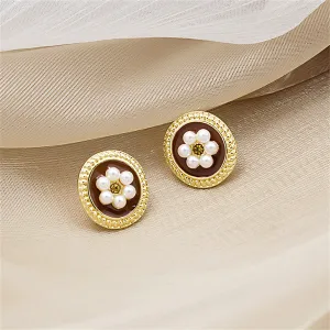 Pearl & Enamel 18K Gold-Plated Flower Round Stud Earring