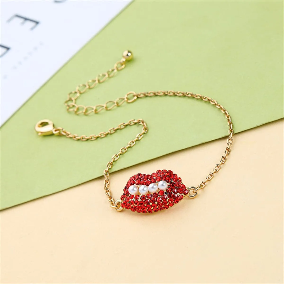 Pearl & Red Cubic Zirconia 18k Gold-Plated Lips Bracelet