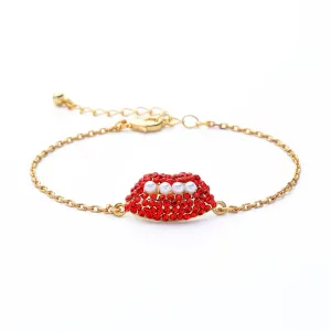 Pearl & Red Cubic Zirconia 18k Gold-Plated Lips Bracelet