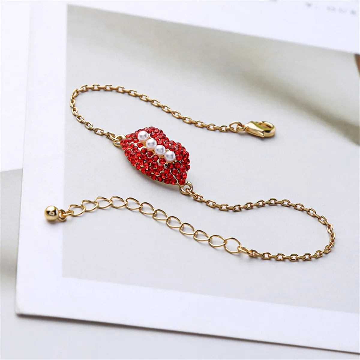 Pearl & Red Cubic Zirconia 18k Gold-Plated Lips Bracelet