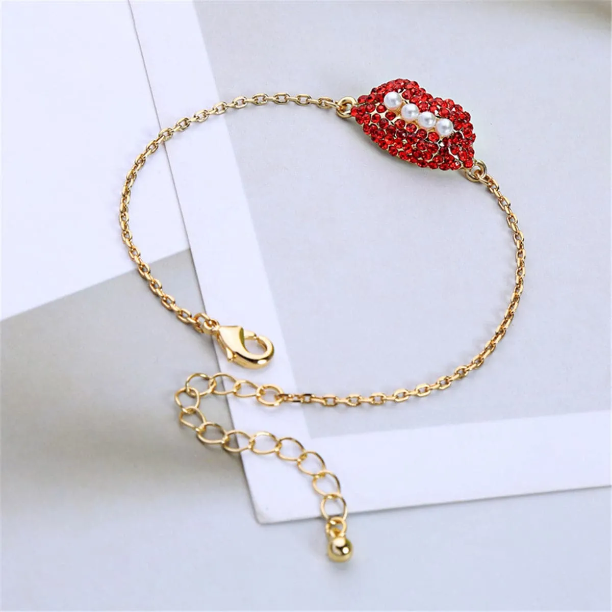 Pearl & Red Cubic Zirconia 18k Gold-Plated Lips Bracelet
