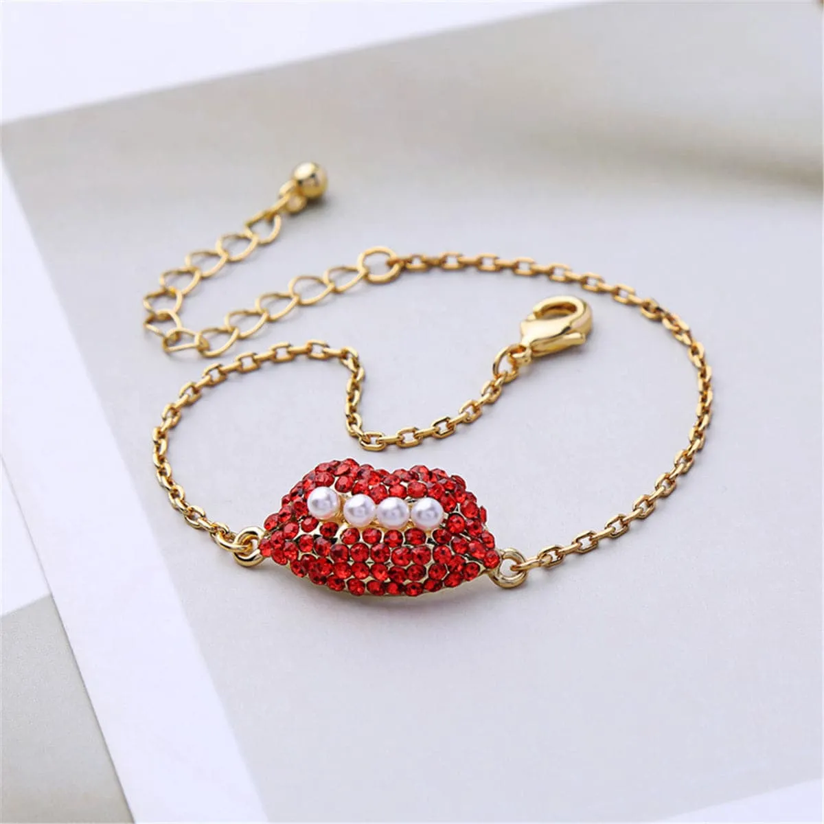 Pearl & Red Cubic Zirconia 18k Gold-Plated Lips Bracelet