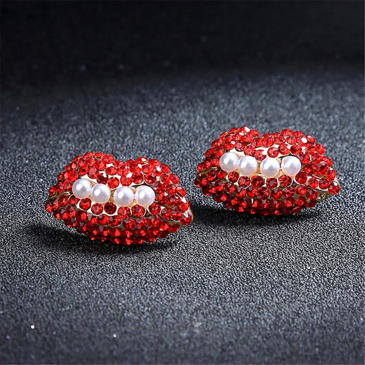 Pearl & Red Cubic Zirconia 18K Gold-Plated Lips Stud Earrings