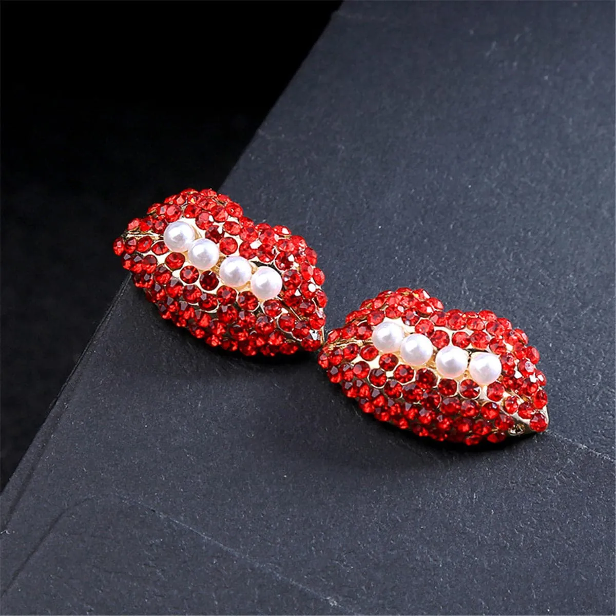 Pearl & Red Cubic Zirconia 18K Gold-Plated Lips Stud Earrings