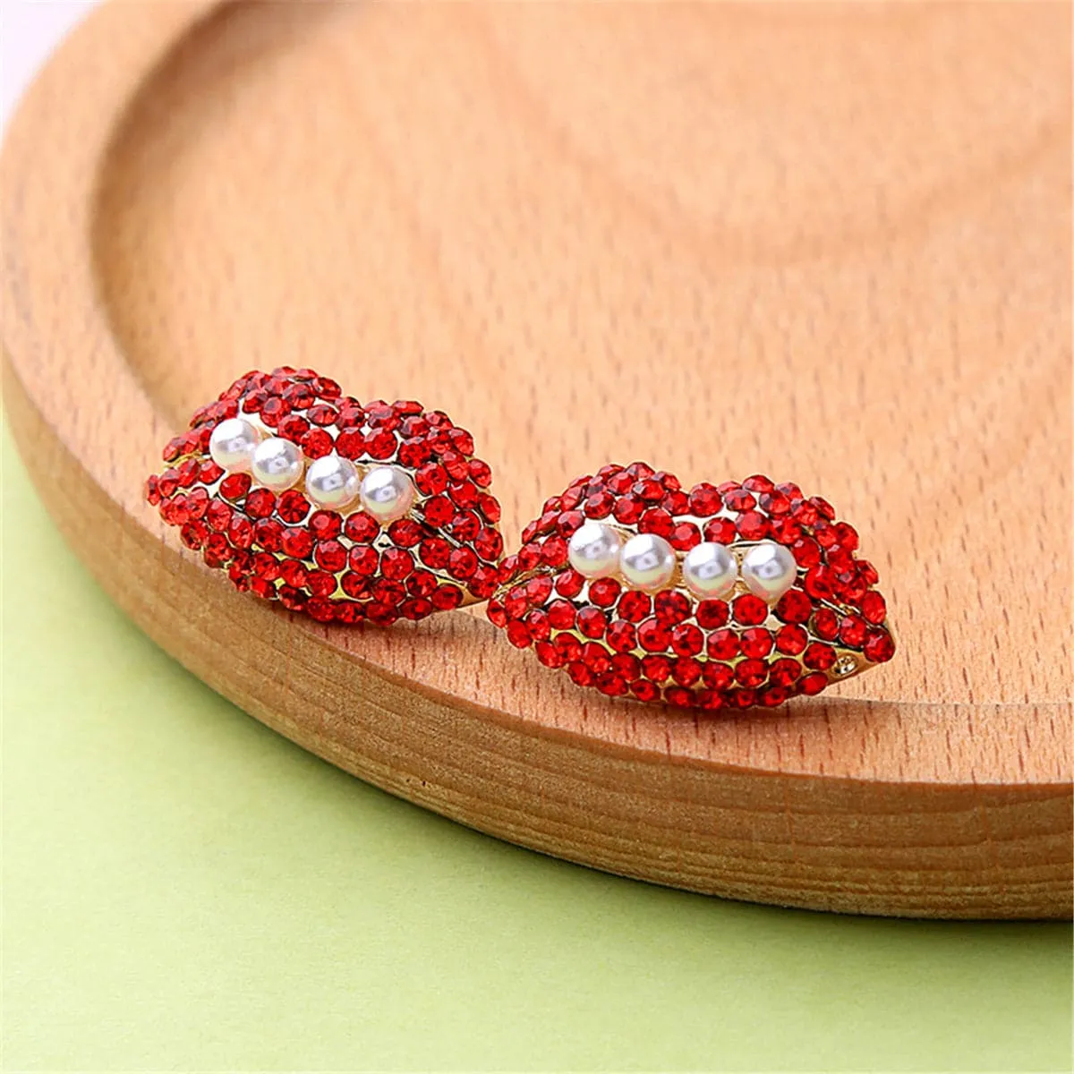Pearl & Red Cubic Zirconia 18K Gold-Plated Lips Stud Earrings