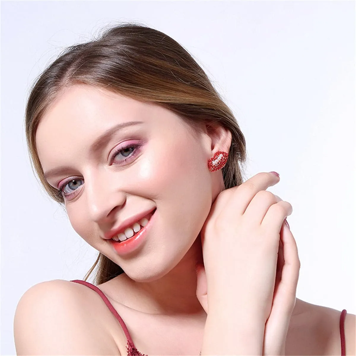 Pearl & Red Cubic Zirconia 18K Gold-Plated Lips Stud Earrings