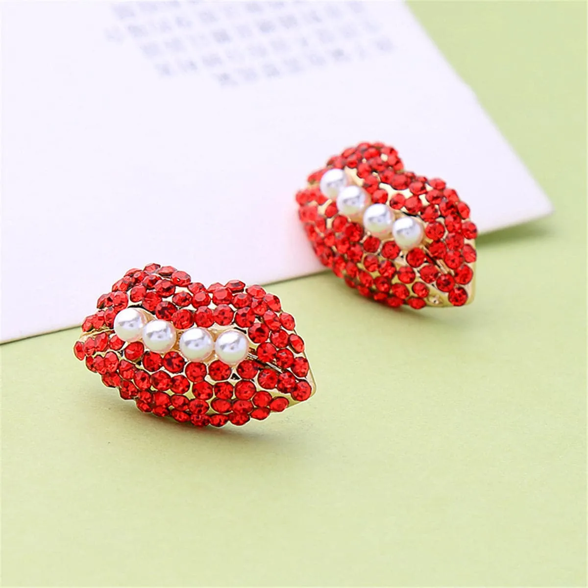 Pearl & Red Cubic Zirconia 18K Gold-Plated Lips Stud Earrings
