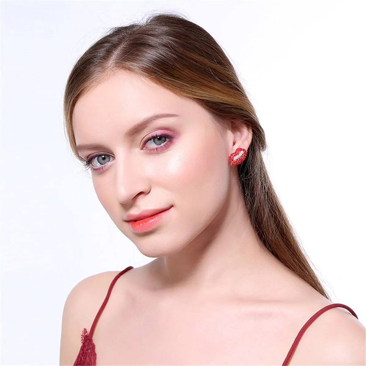 Pearl & Red Cubic Zirconia 18K Gold-Plated Lips Stud Earrings