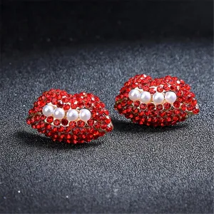 Pearl & Red Cubic Zirconia 18K Gold-Plated Lips Stud Earrings