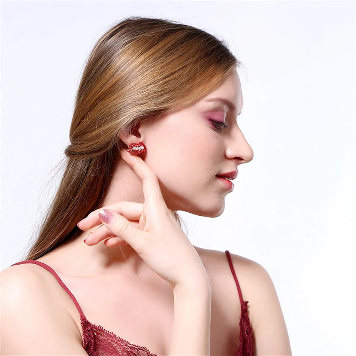 Pearl & Red Cubic Zirconia 18K Gold-Plated Lips Stud Earrings