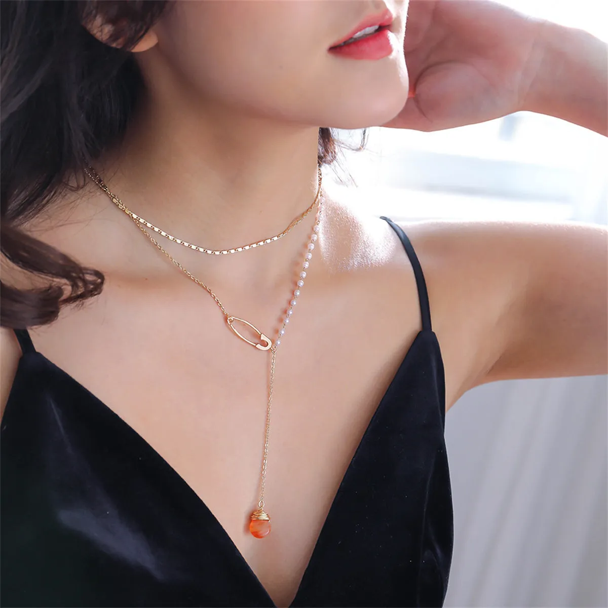Pearl & Resin 18K Gold-Plated Pin Drop Layered Necklace