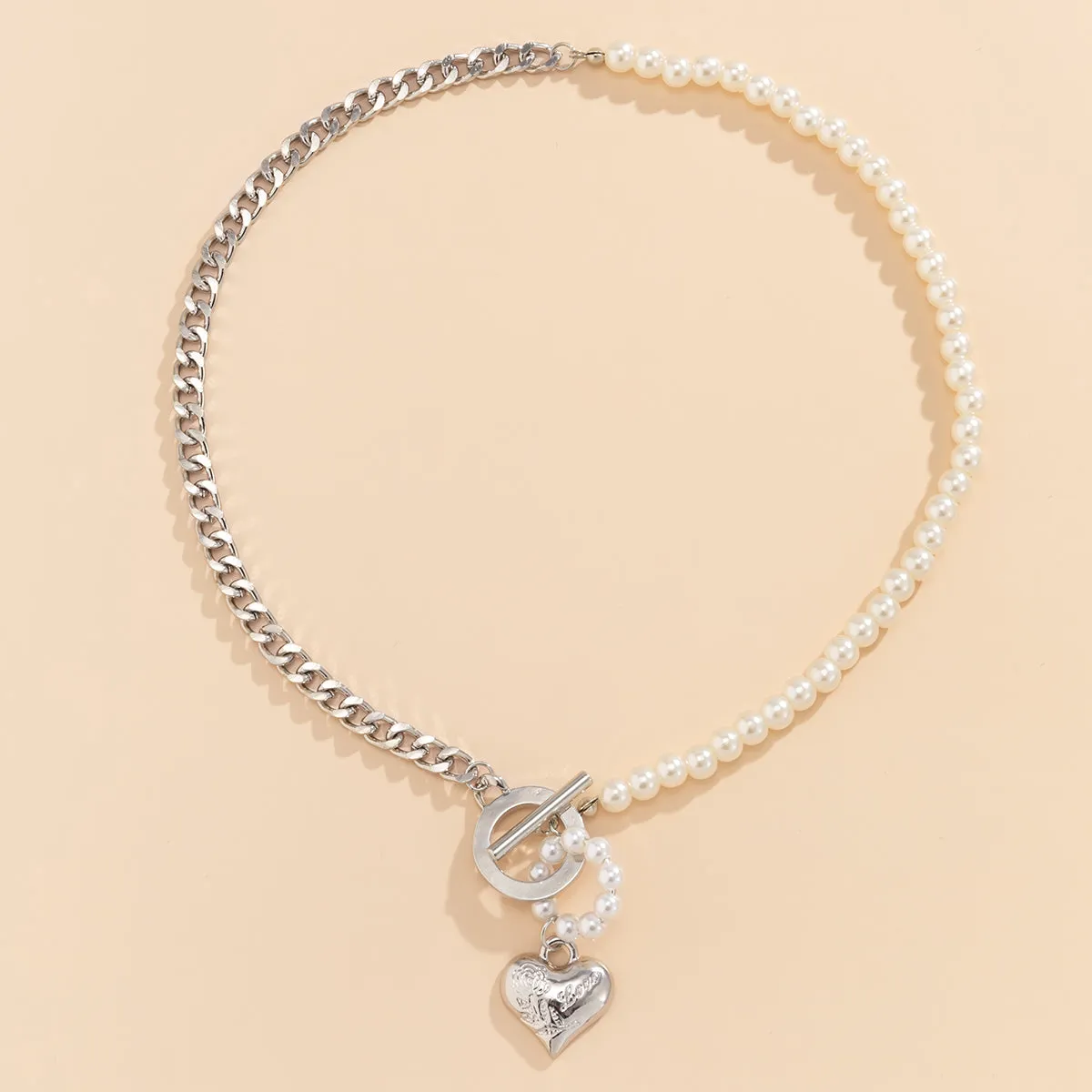 Pearl & Silver-Plated Heart Pendant Necklace