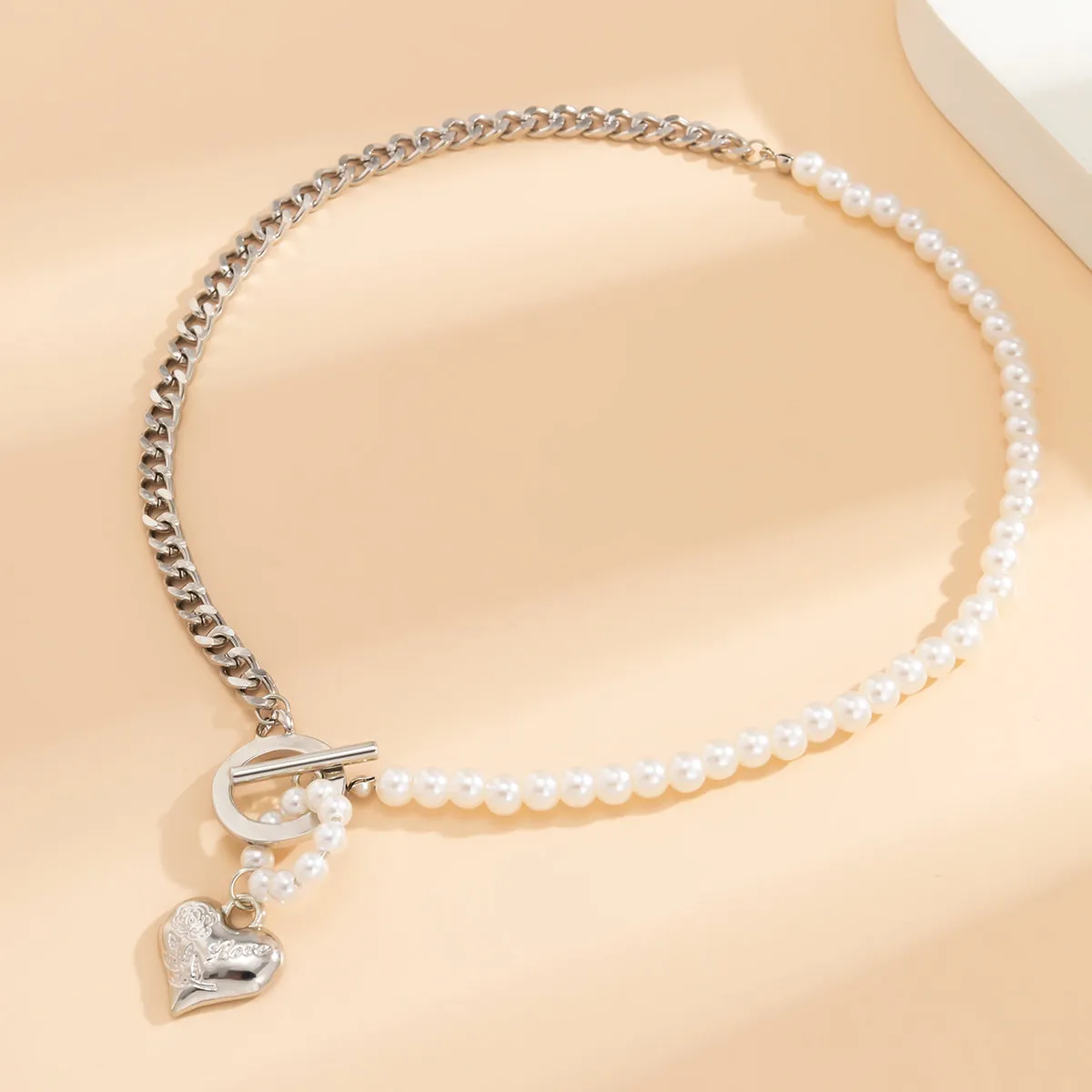 Pearl & Silver-Plated Heart Pendant Necklace