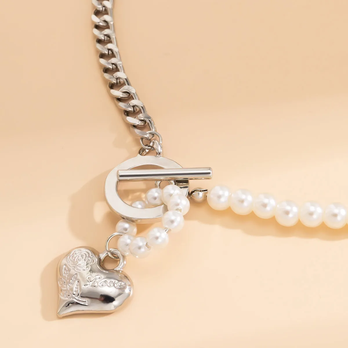 Pearl & Silver-Plated Heart Pendant Necklace