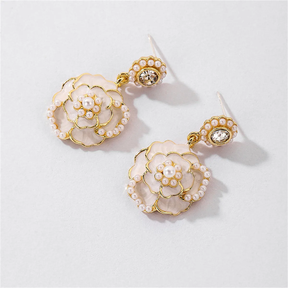 Pearl & White Enamel 18K Gold-Plated Camellia Drop Earrings