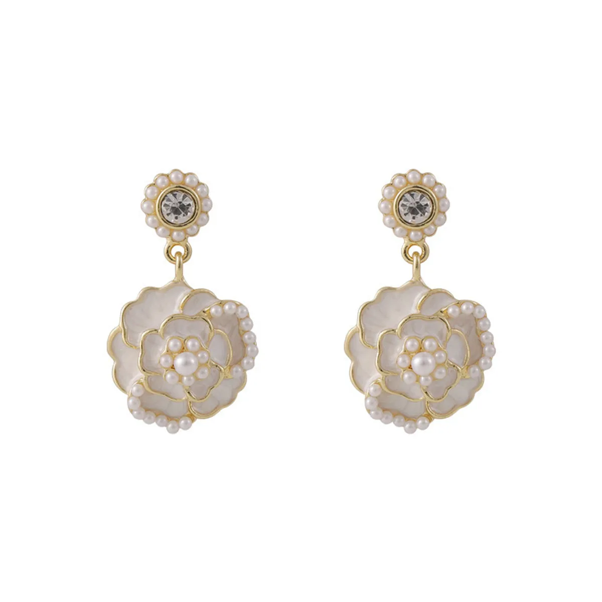Pearl & White Enamel 18K Gold-Plated Camellia Drop Earrings