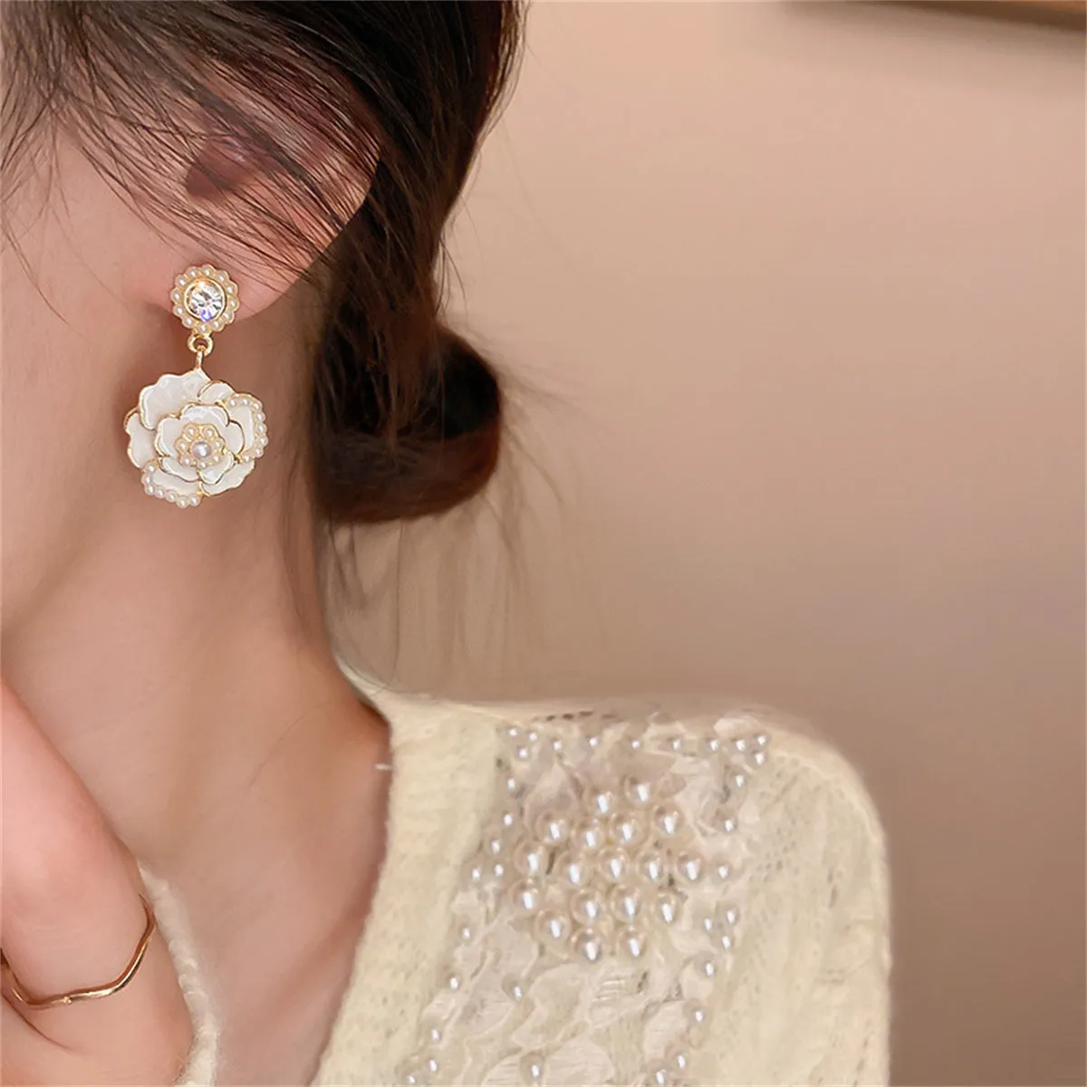 Pearl & White Enamel 18K Gold-Plated Camellia Drop Earrings