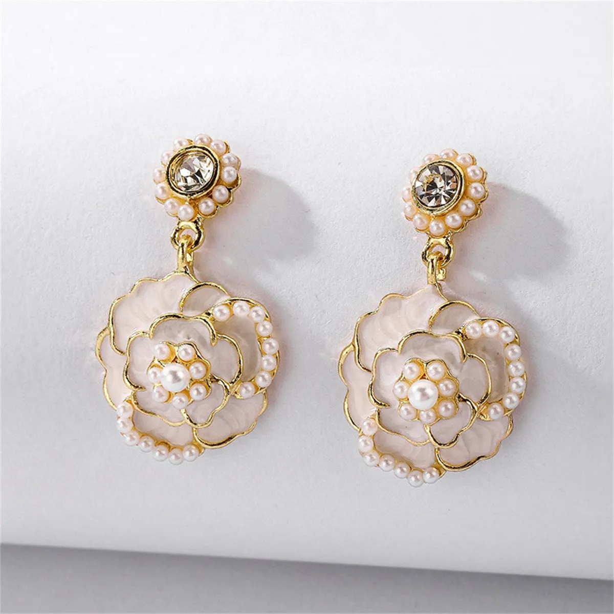 Pearl & White Enamel 18K Gold-Plated Camellia Drop Earrings