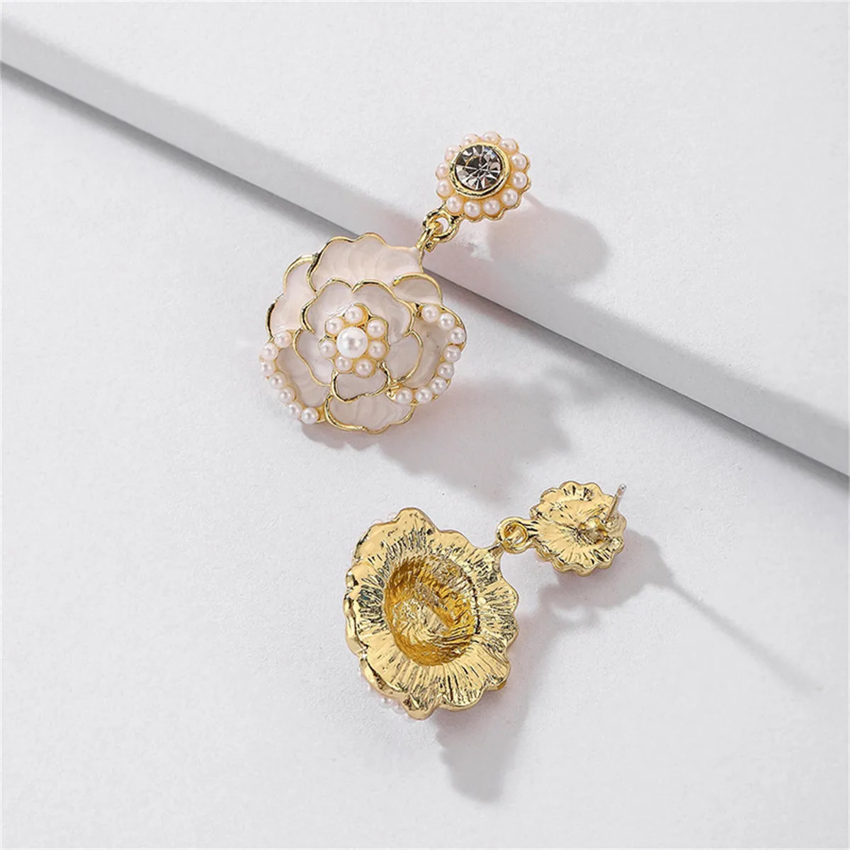 Pearl & White Enamel 18K Gold-Plated Camellia Drop Earrings