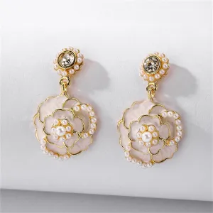 Pearl & White Enamel 18K Gold-Plated Camellia Drop Earrings