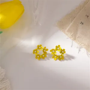 Pearl & Yellow Enamel Floral Garland Stud Earrings