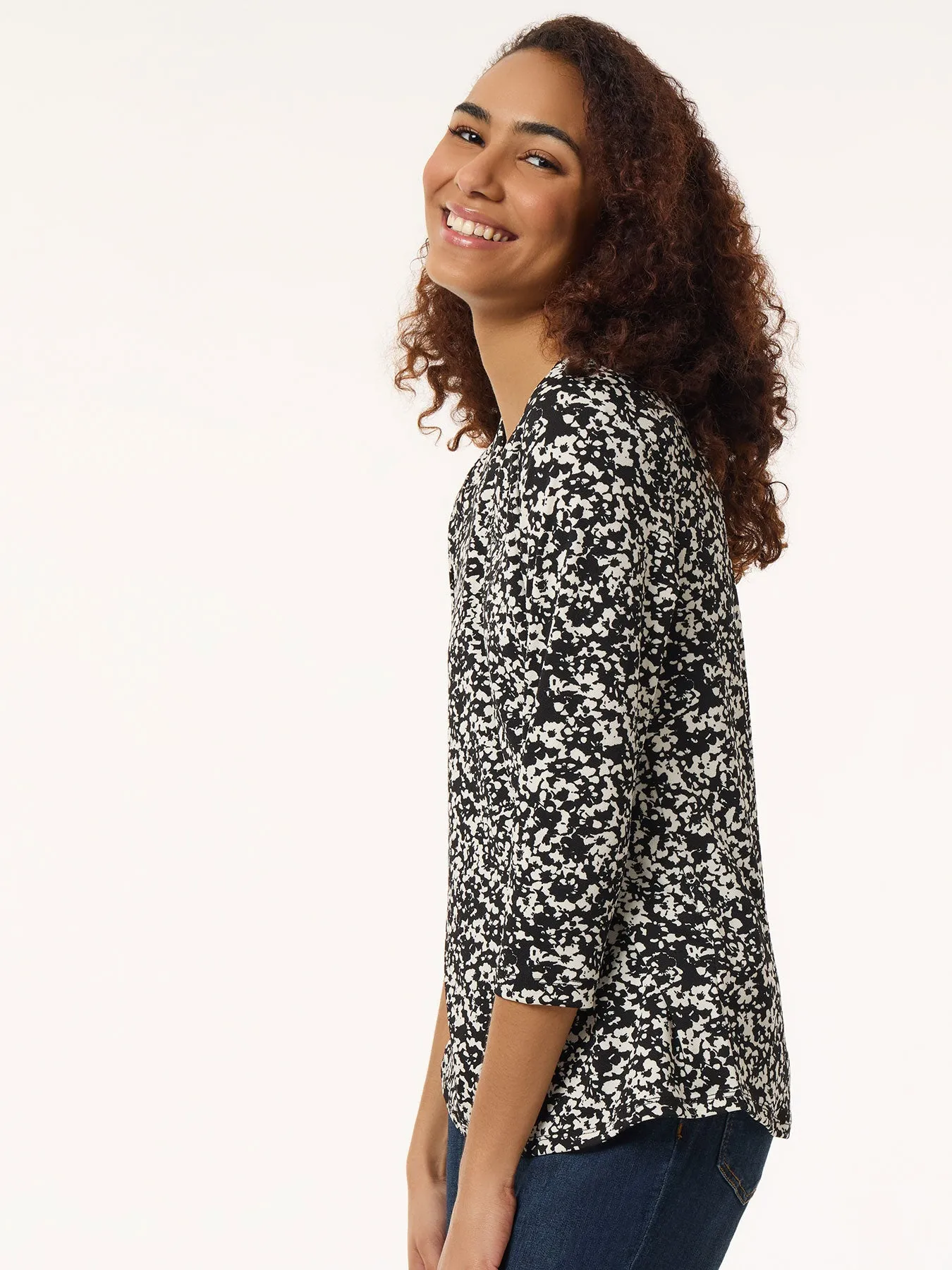 Petite Printed Keyhole Neckline Top, Moss Crepe
