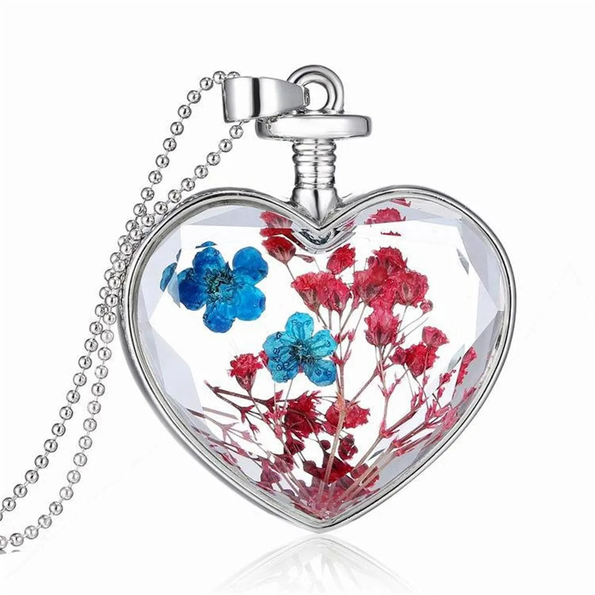 Pink & Blue Peach Blossom Heart Pendant Necklace