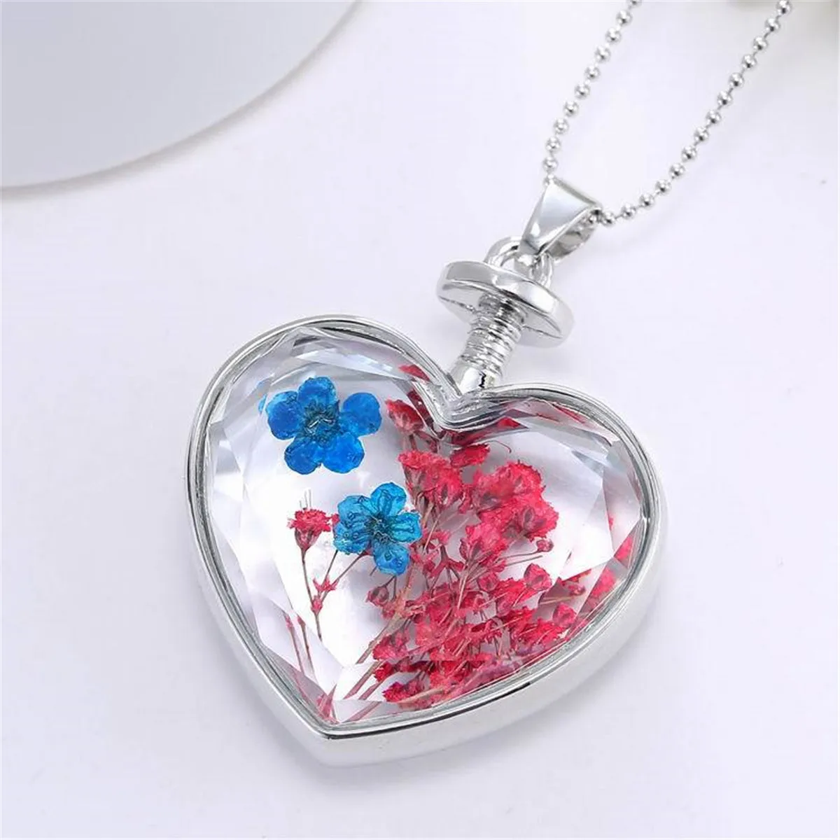 Pink & Blue Peach Blossom Heart Pendant Necklace