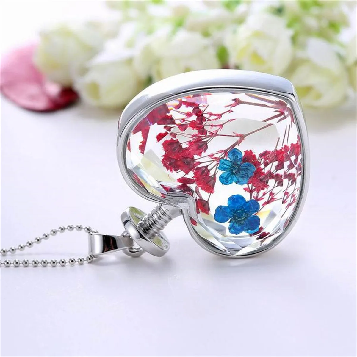 Pink & Blue Peach Blossom Heart Pendant Necklace
