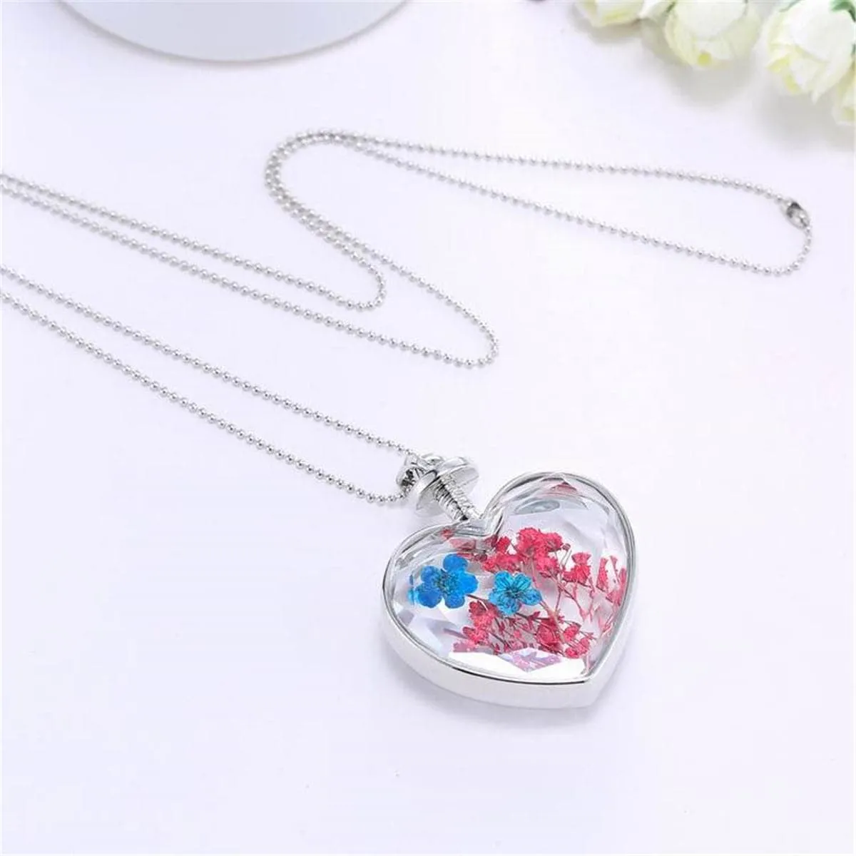 Pink & Blue Peach Blossom Heart Pendant Necklace