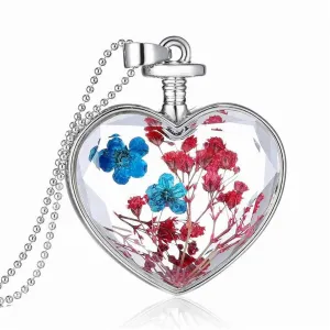 Pink & Blue Peach Blossom Heart Pendant Necklace