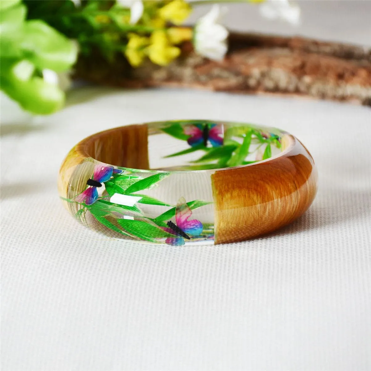 Pink & Green Dried Flower & Resin Bangle