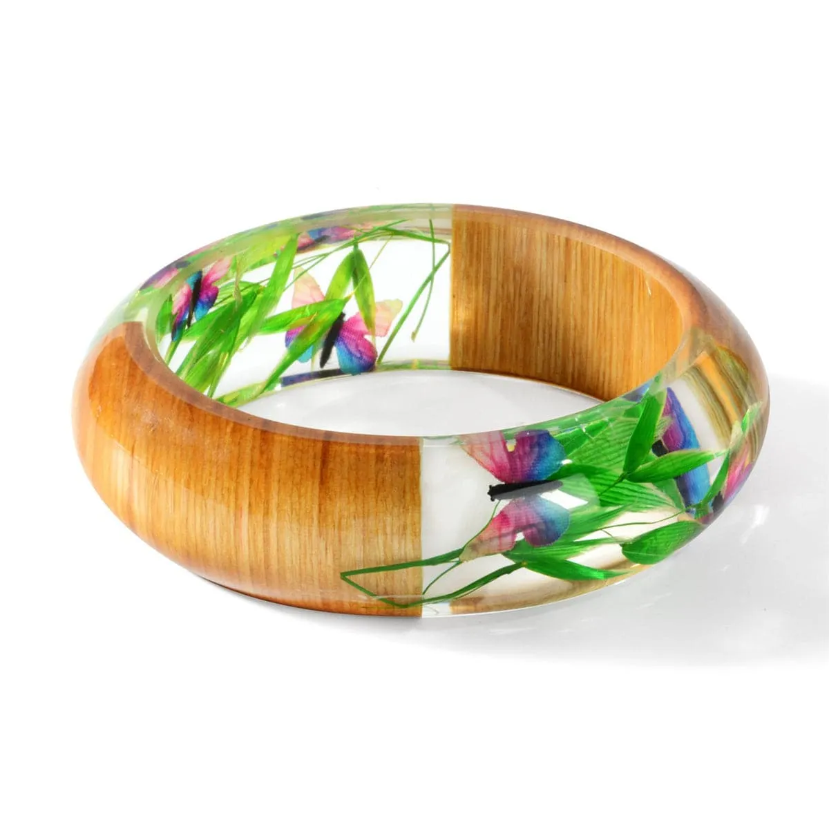 Pink & Green Dried Flower & Resin Bangle